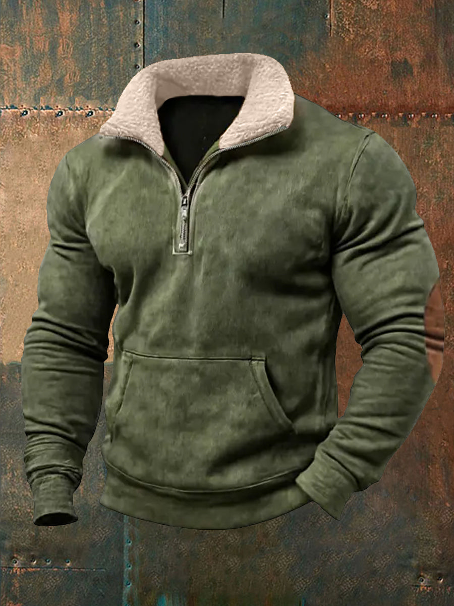 Hommes Rétro Couleur Pure Col De Fourrure Casual Zipper Sweatshirt