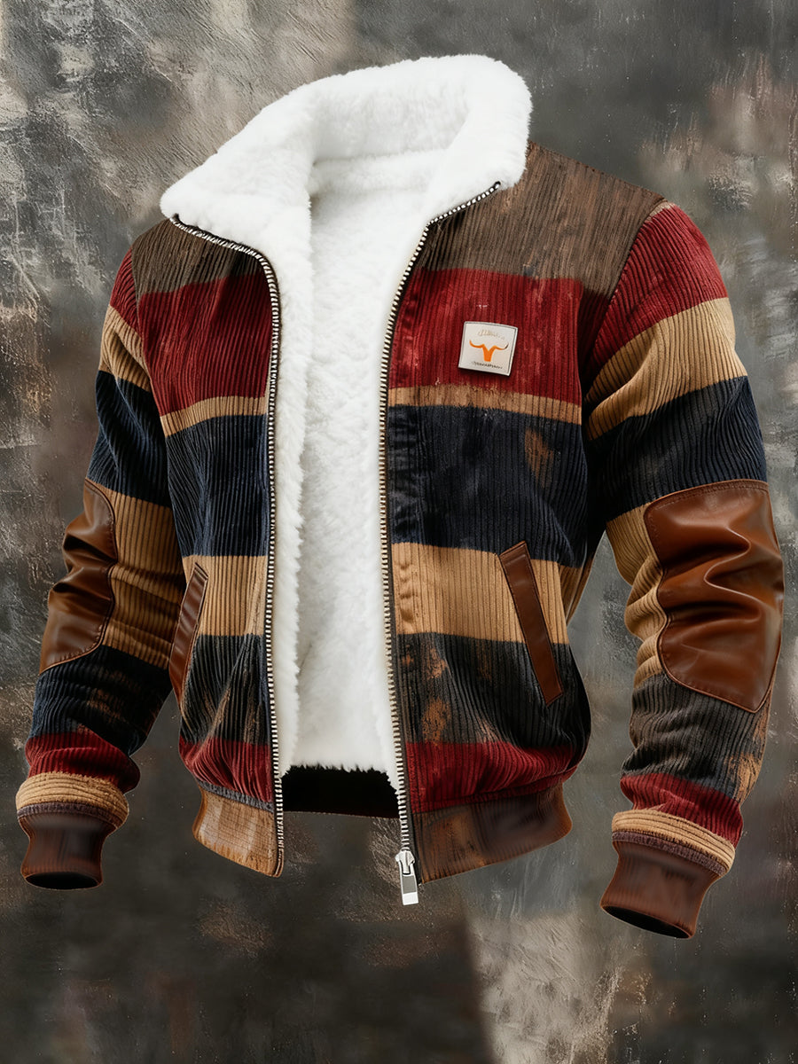Retro Color Block Print Casual col en fourrure pour hommes Sweat-shirt zippé