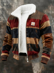 Retro Color Block Print Casual col en fourrure pour hommes Sweat-shirt zippé