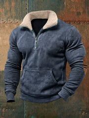 Hommes Rétro Couleur Pure Col De Fourrure Casual Zipper Sweatshirt