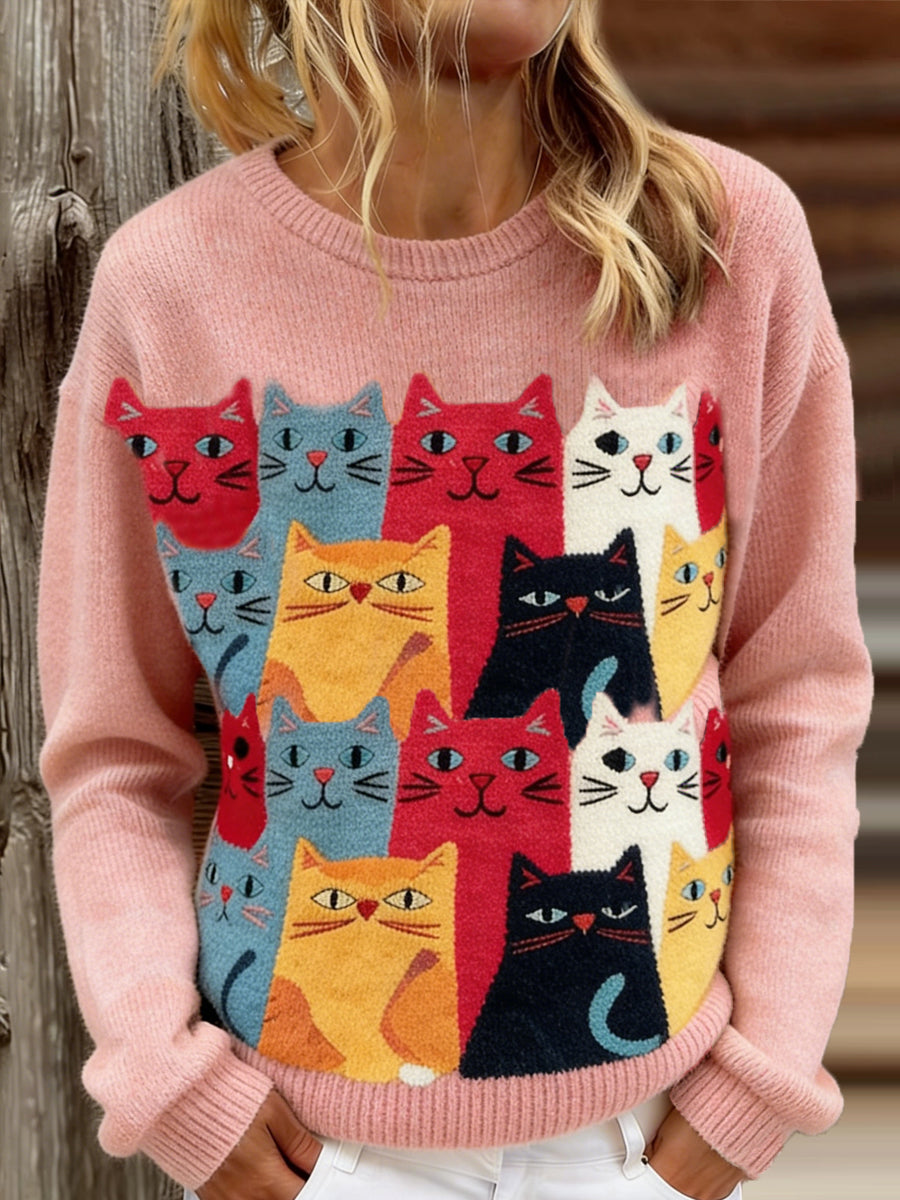 Pull décontracté imprimé de chats mignons pour femmes