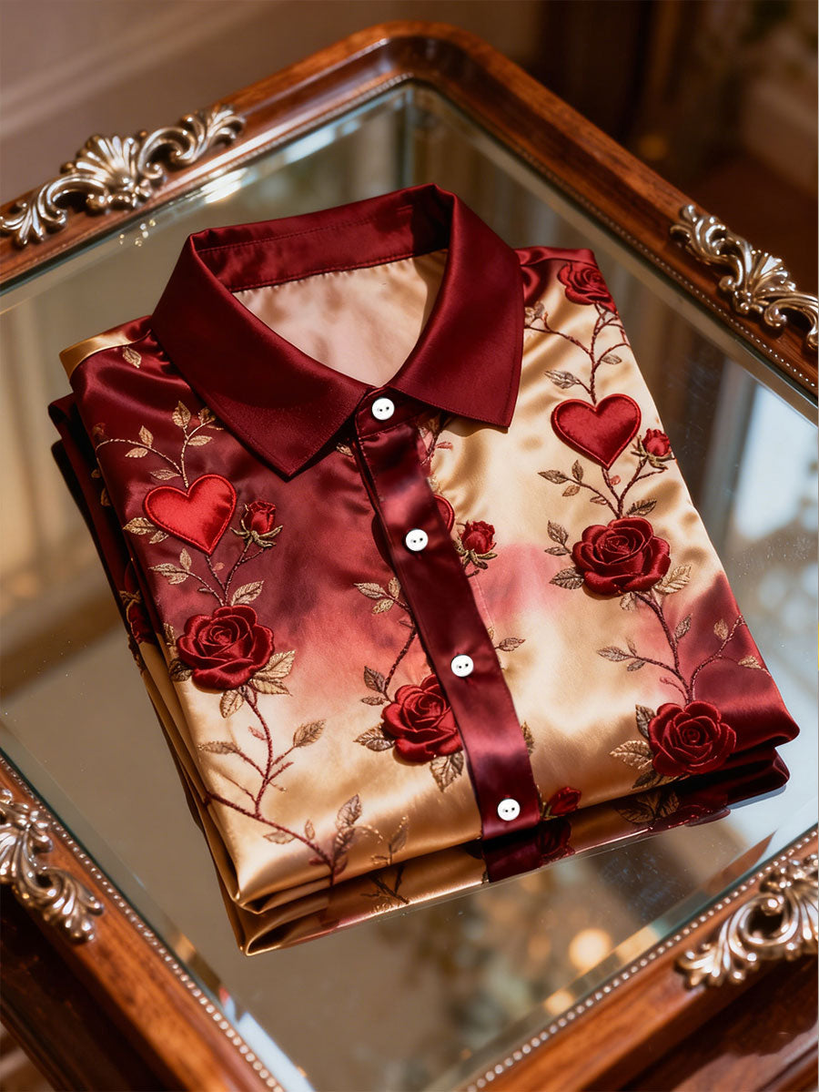 Chemise imprimée de style d'affaires de luxe pour hommes, art du coeur de la Saint-Valentin