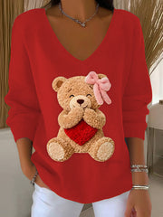 Femmes Mignon Ours Valentine V-Neck Côtelé Haut