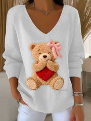 Femmes Mignon Ours Valentine V-Neck Côtelé Haut
