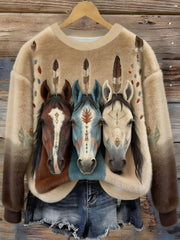 Sweatshirt confortable en flanelle pour femme Vintage Western Ethnic Horses