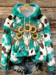 Chandail à capuchon en flanelle Western Bull Skull & Sunflowers turquoise pour femme