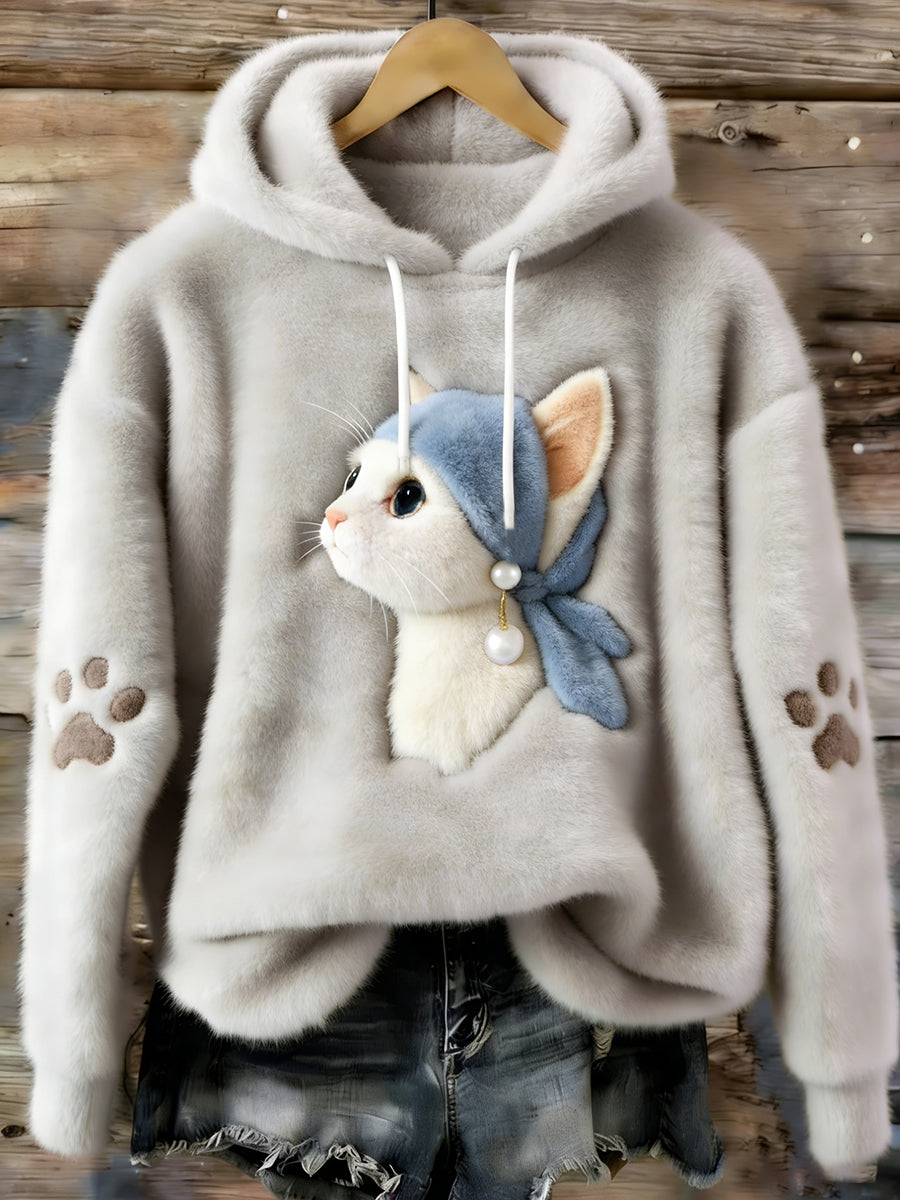 Sweat à capuche en flanelle pour femme Cute Cat Cozy