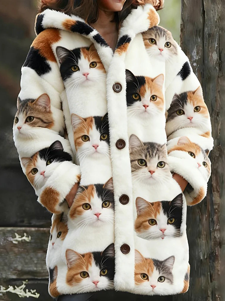 Veste chaude en flanelle à imprimé chat animal pour femmes