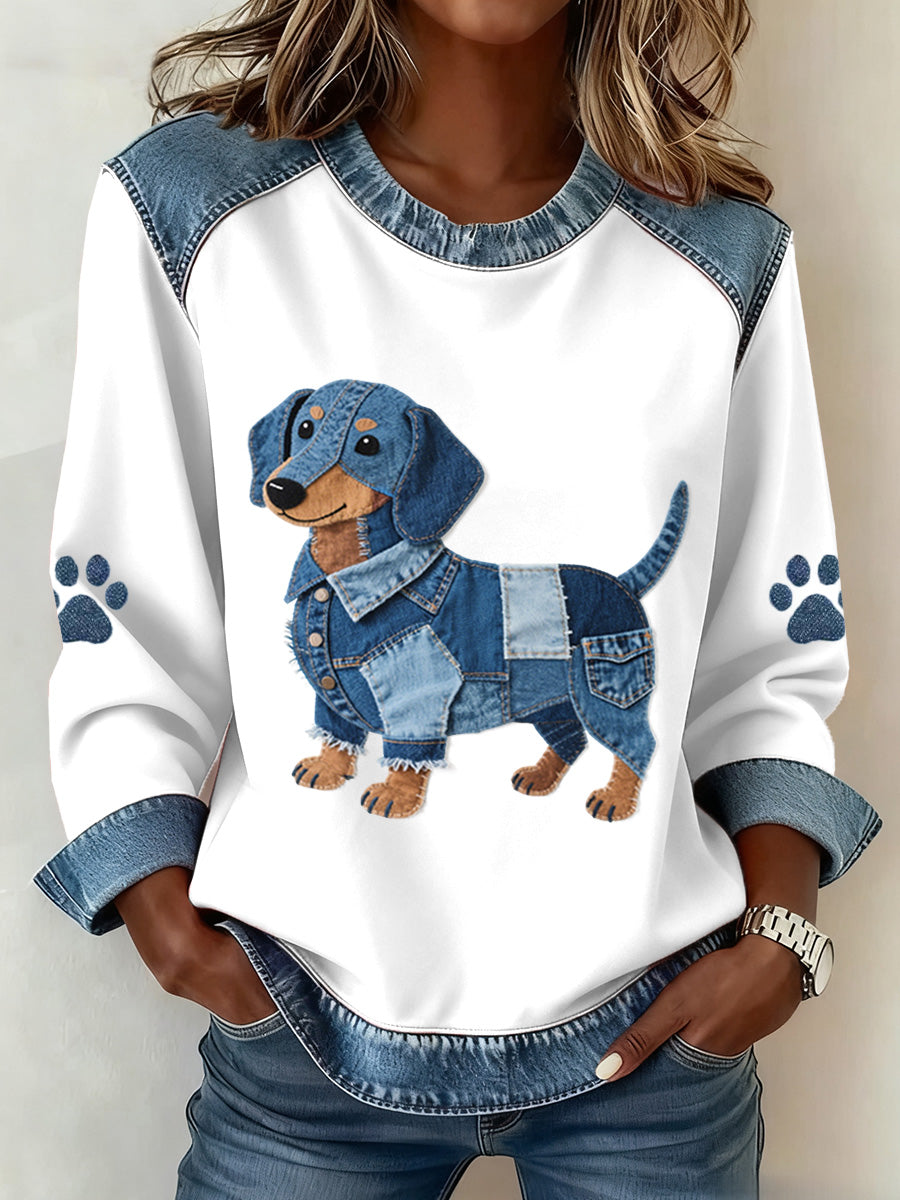 Lovely Teckel Pattern Denim Patchwork Sweatshirt des femmes