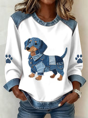 Lovely Teckel Pattern Denim Patchwork Sweatshirt des femmes
