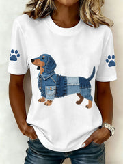 Denim Patchwork Art Teckel T-shirt pour femmes