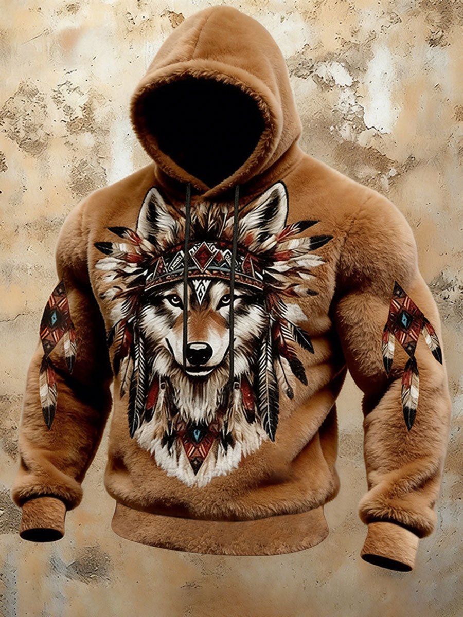 Chandail à capuchon Western Wolf Totem en flanelle Homme