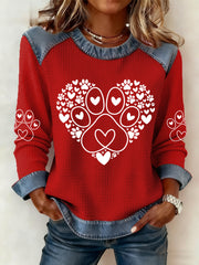 Femmes Patte Coeur Imprimer Chien Amoureux Saint Valentin Casual Denim Patchwork Top