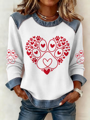 Femmes Patte Coeur Imprimer Chien Amoureux Saint Valentin Casual Denim Patchwork Top