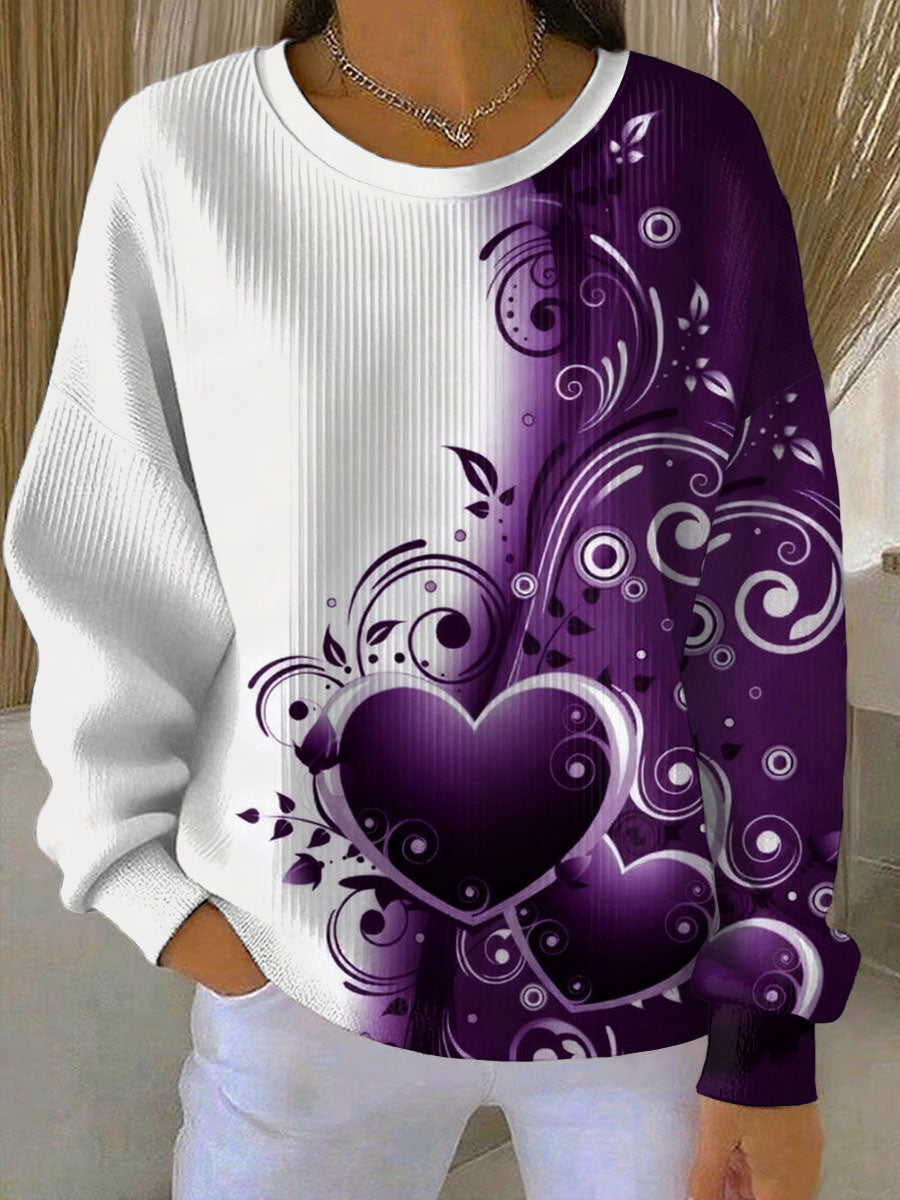 Sweat-shirt à col rond côtelé imprimé floral violet vintage pour femme