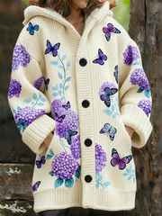 Manteau long en molleton composite à imprimé floral violet vintage pour femme
