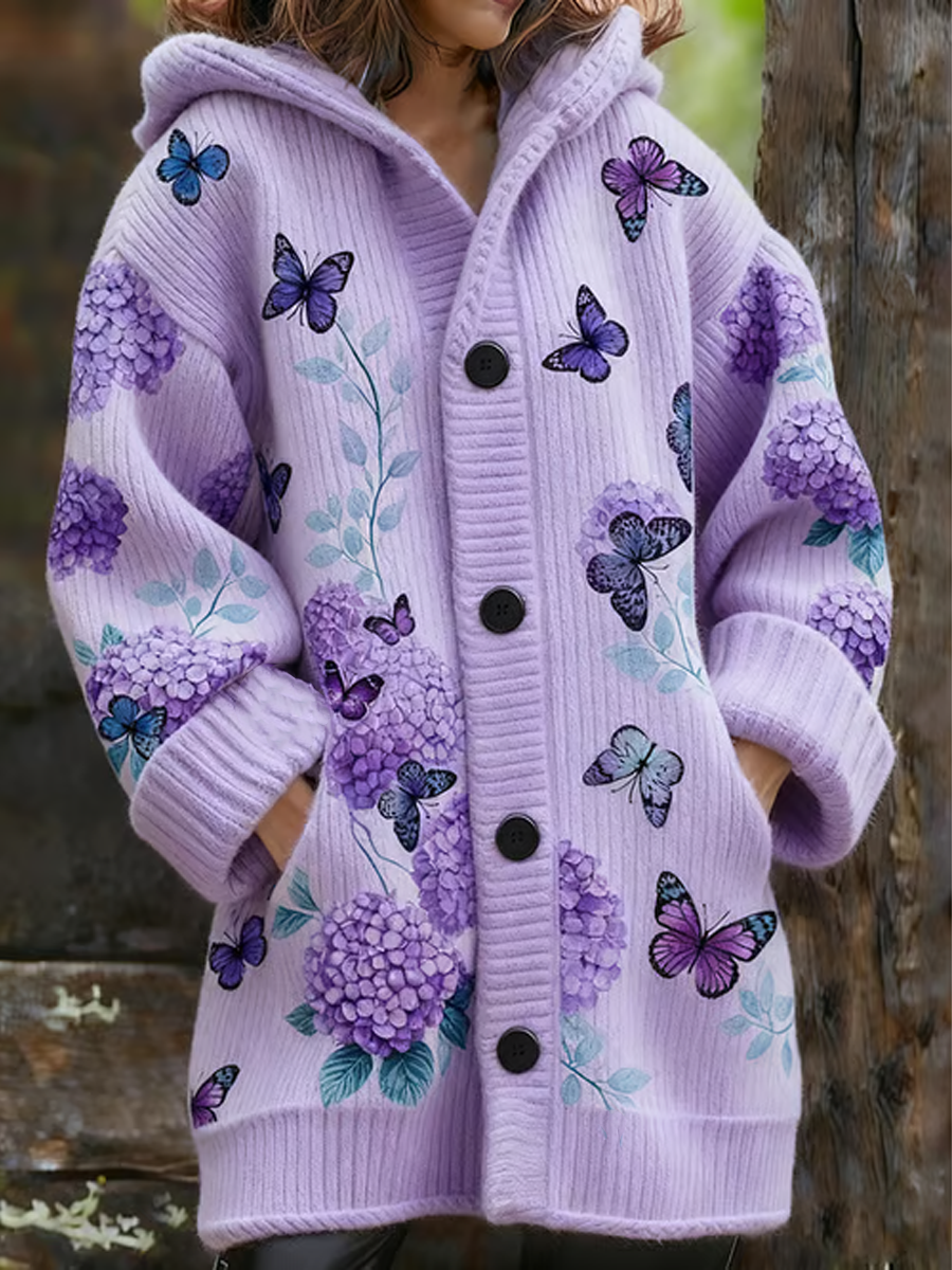 Manteau long en molleton composite à imprimé floral violet vintage pour femme