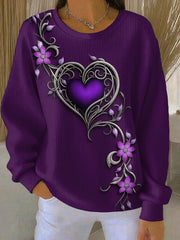 Sweat-shirt à col rond côtelé imprimé floral violet vintage pour femme