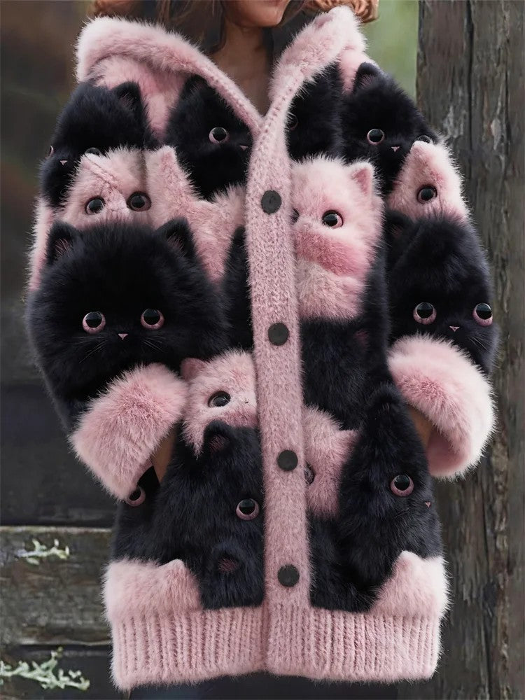 Veste chaude en flanelle à imprimé chat animal pour femmes