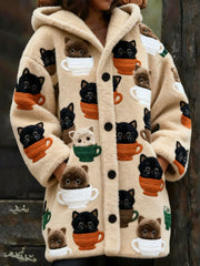 Veste chaude en flanelle à imprimé chat animal pour femmes