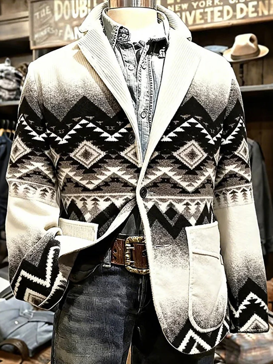 Blazer Vintage en Velours Côtelé Ethnique Motif Aztèque pour Homme
