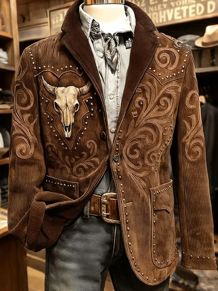 Blazer en velours côtelé rétro à tête de taureau de style occidental pour hommes