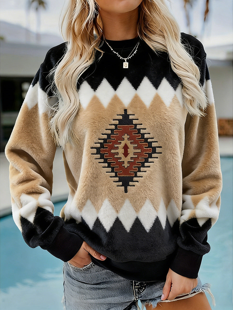 Femmes Vintage Western Ethnique Aztèque Motif Casual Cozy Flanelle Sweatshirt