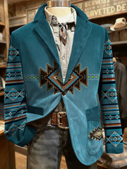 Blazer Vintage en Velours Côtelé Ethnique Motif Aztèque pour Homme