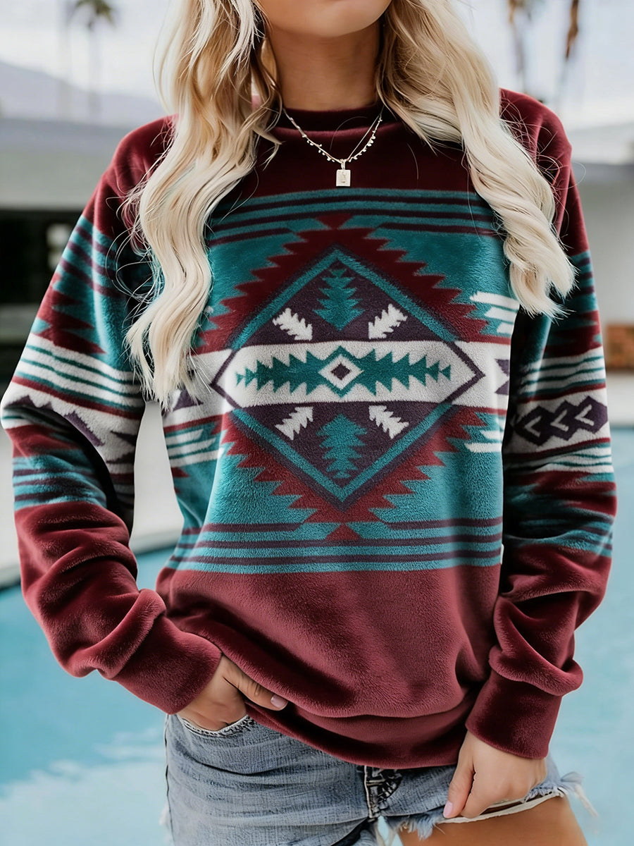 Femmes Vintage Western Ethnique Aztèque Motif Casual Cozy Flanelle Sweatshirt