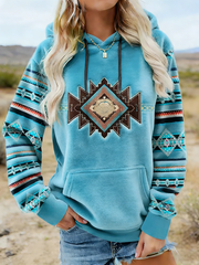Sweat à capuche en flanelle confortable pour femmes Vintage Western Ethnic Aztec Pattern