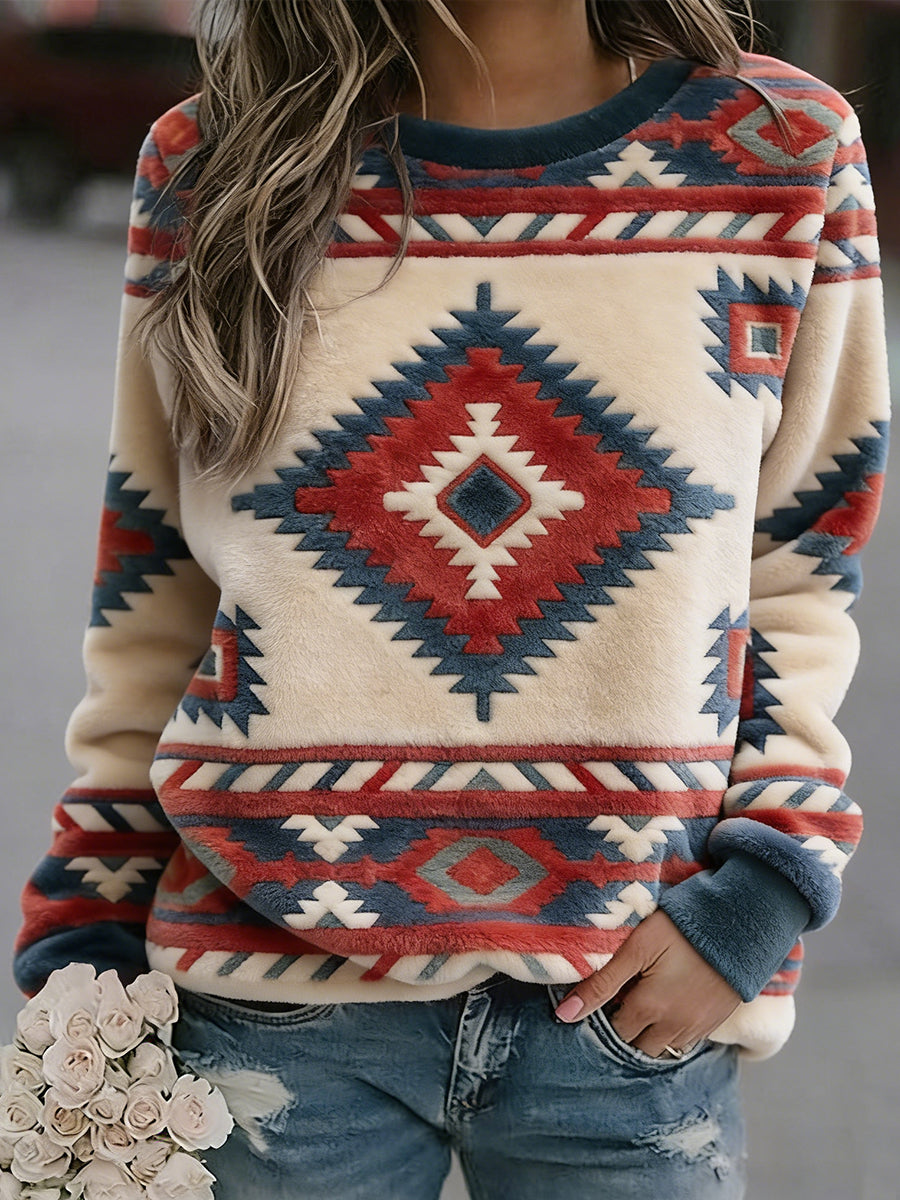 Femmes Vintage Western Ethnique Aztèque Motif Casual Cozy Flanelle Sweatshirt