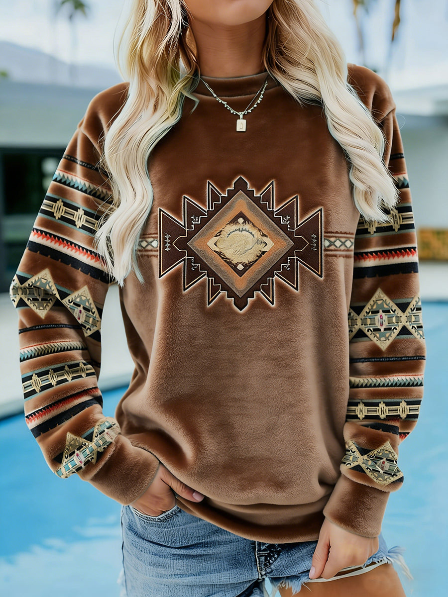 Femmes Vintage Western Ethnique Aztèque Motif Casual Cozy Flanelle Sweatshirt