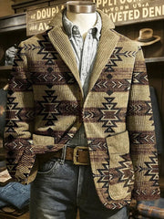 Blazer Vintage en Velours Côtelé Ethnique Motif Aztèque pour Homme