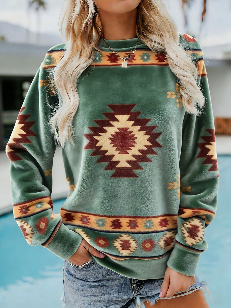Femmes Vintage Western Ethnique Aztèque Motif Casual Cozy Flanelle Sweatshirt