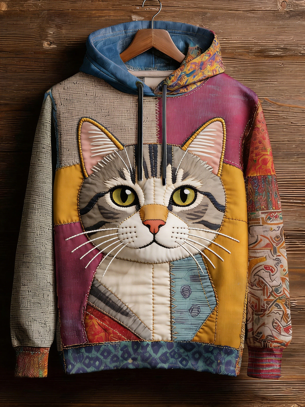 Vintage Patchwork Cat Print Art Casual Sweat à capuche pour femmes