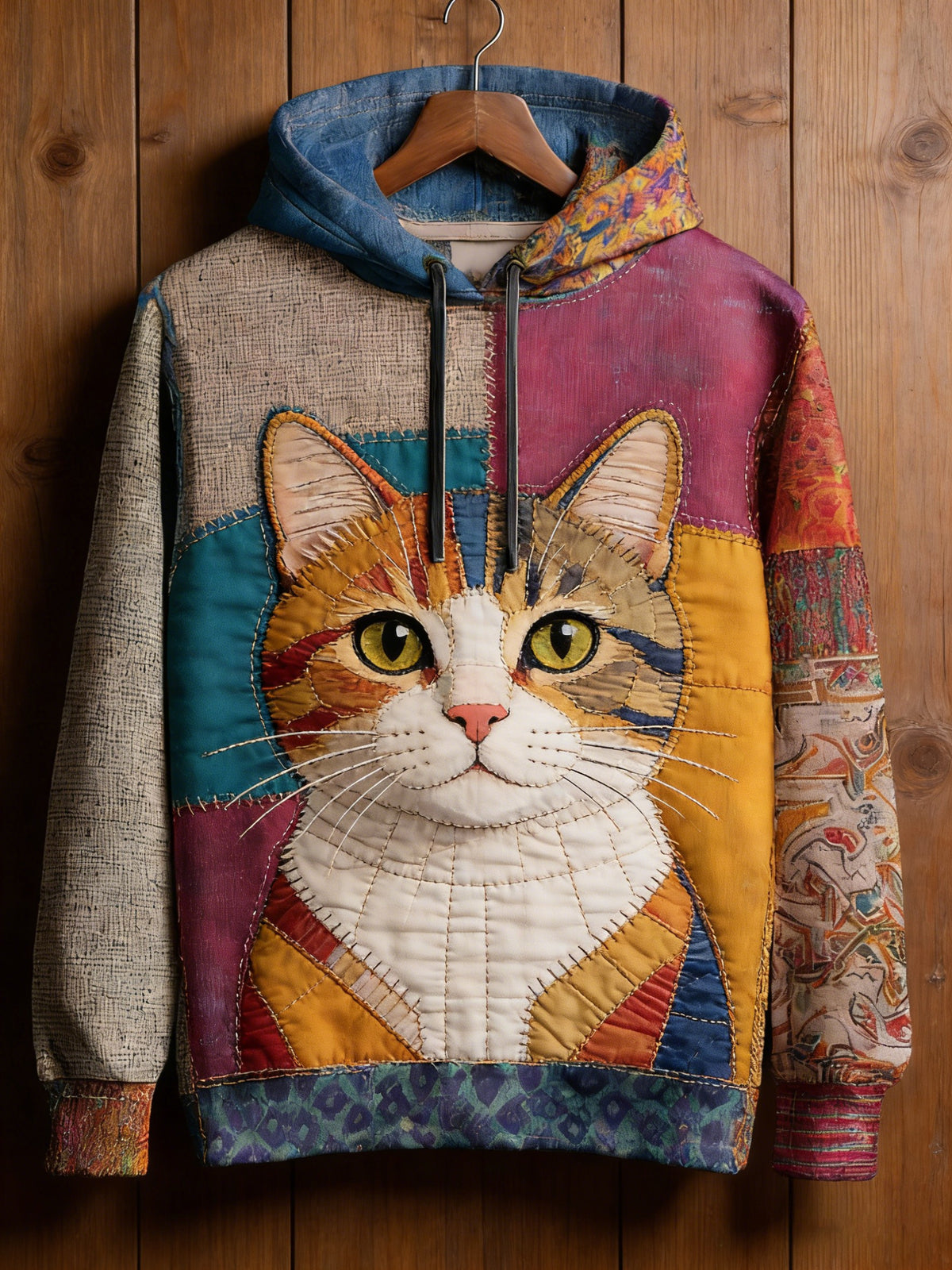 Vintage Patchwork Cat Print Art Casual Sweat à capuche pour femmes