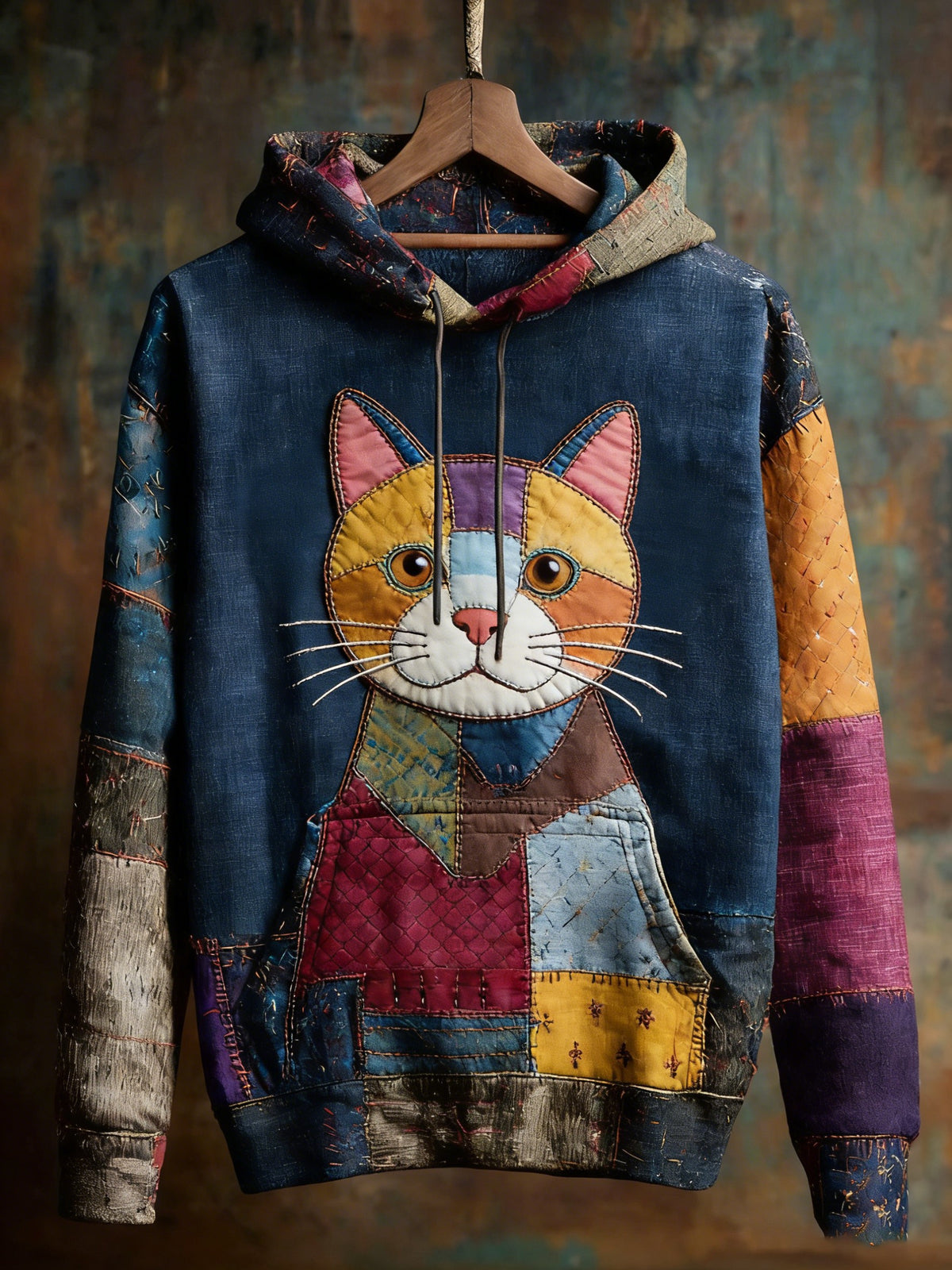 Vintage Patchwork Cat Print Art Casual Sweat à capuche pour femmes