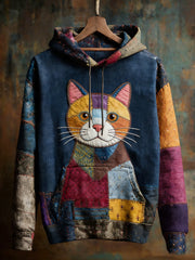 Vintage Patchwork Cat Print Art Casual Sweat à capuche pour femmes