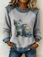 Patchwork Vintage de chat Imprimer Denim Patchwork Top des femmes