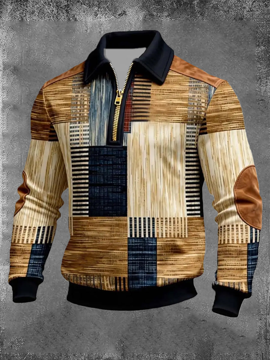 Hommes Retro Color Block Imprimer Zip-Up Sweatshirt