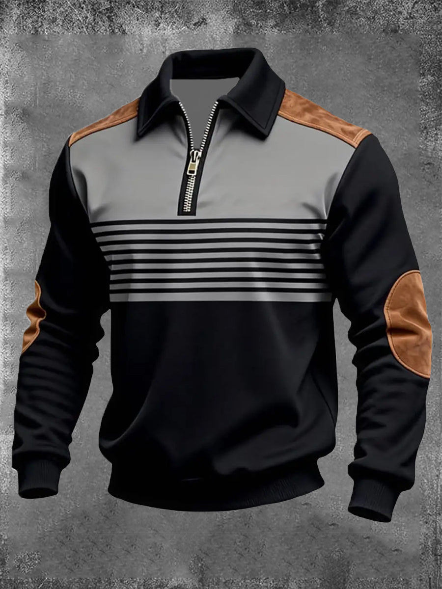 Hommes Retro Color Block Imprimer Zip-Up Sweatshirt