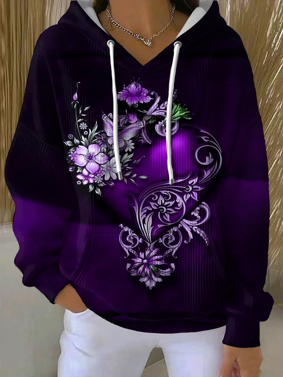 Sweat à capuche violet imprimé floral pour femmes