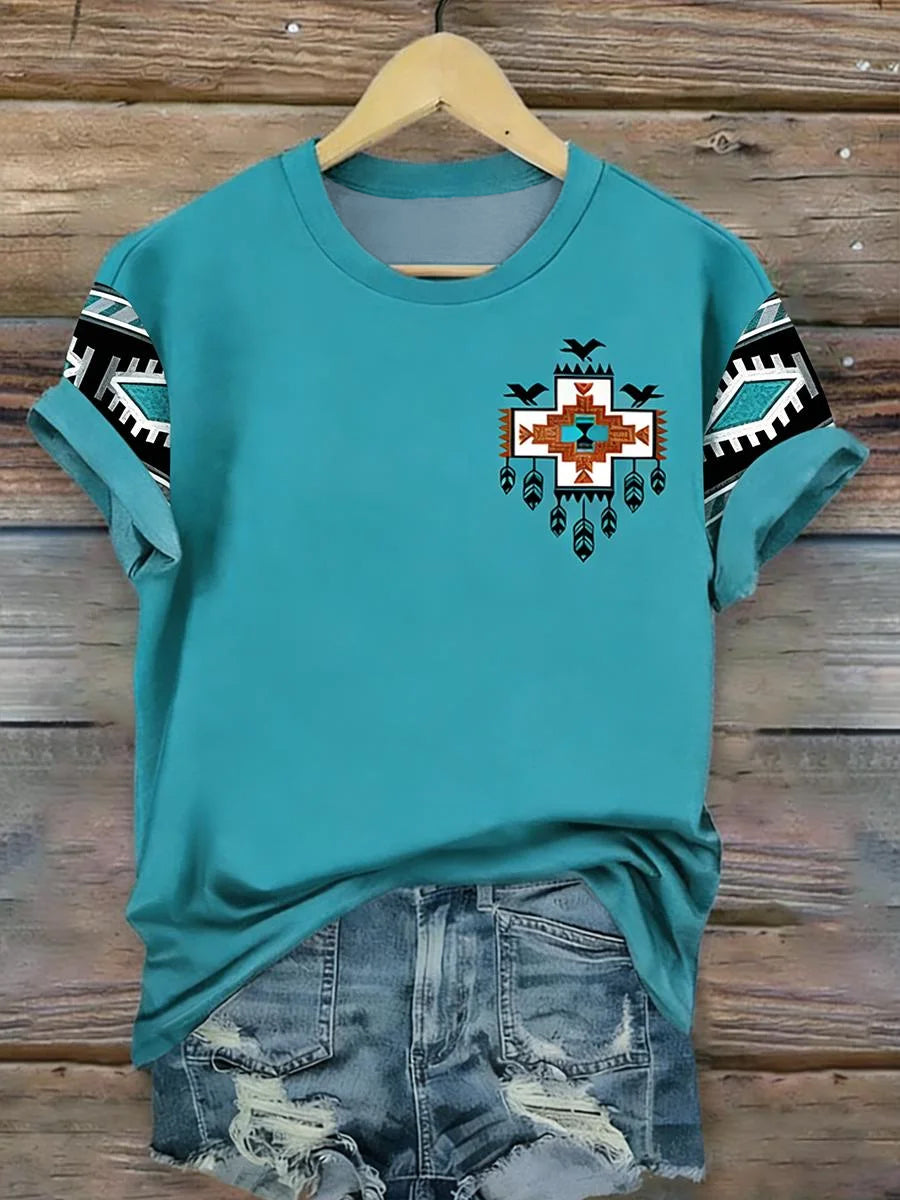 T-shirt à manches courtes décontracté à imprimé western aztèque pour femme