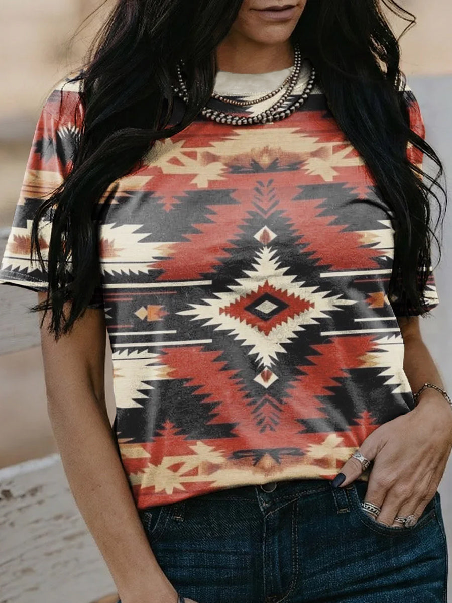 T-shirt à manches courtes décontracté à imprimé western aztèque pour femme