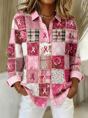 Femmes du cancer du sein patchwork rose ruban fleurs imprimer chemise décontractée