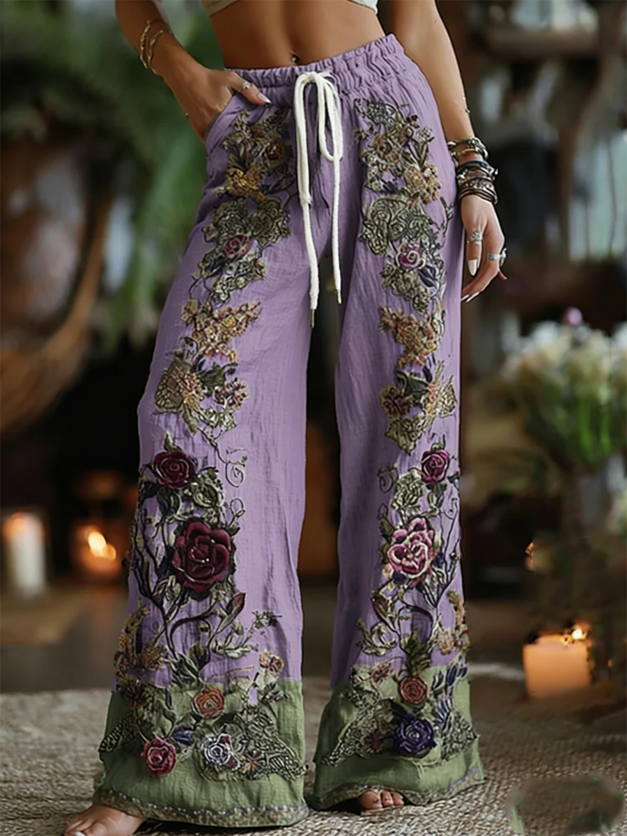Pantalon chic violet lavande et art floral