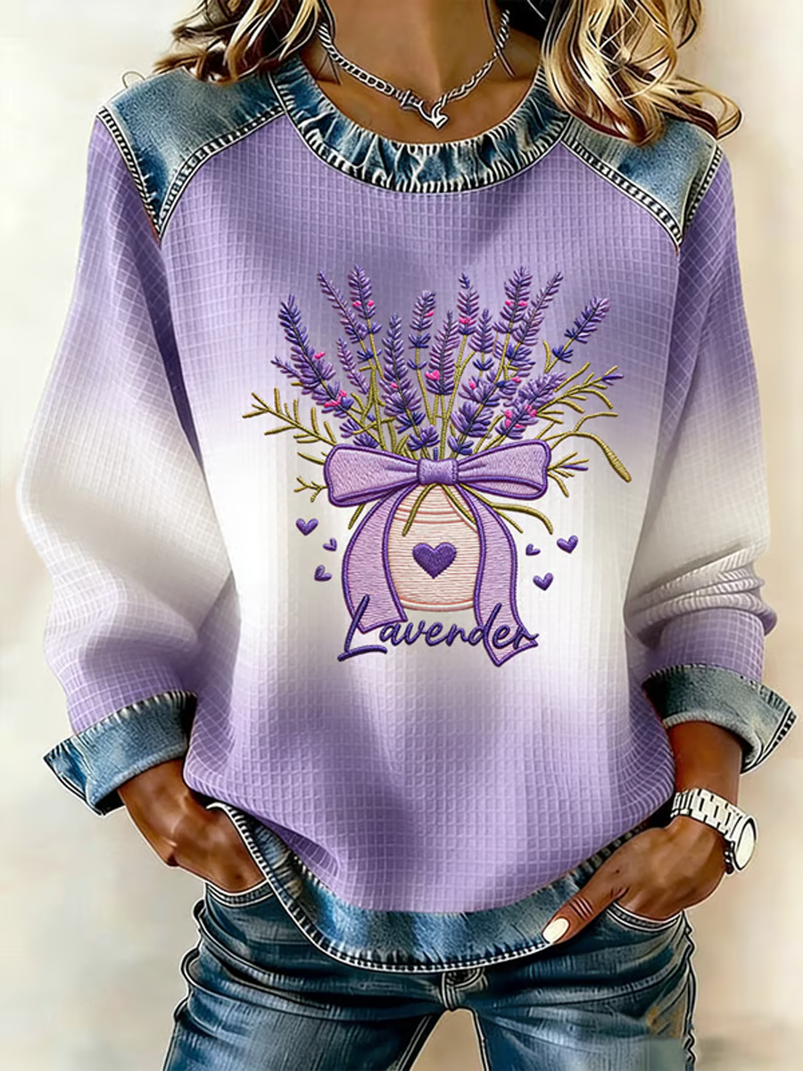 Violet Floral maladie d'Alzheimer des femmes de la sensibilisation Denim Patchwork Waffle Texture Sweatshirt