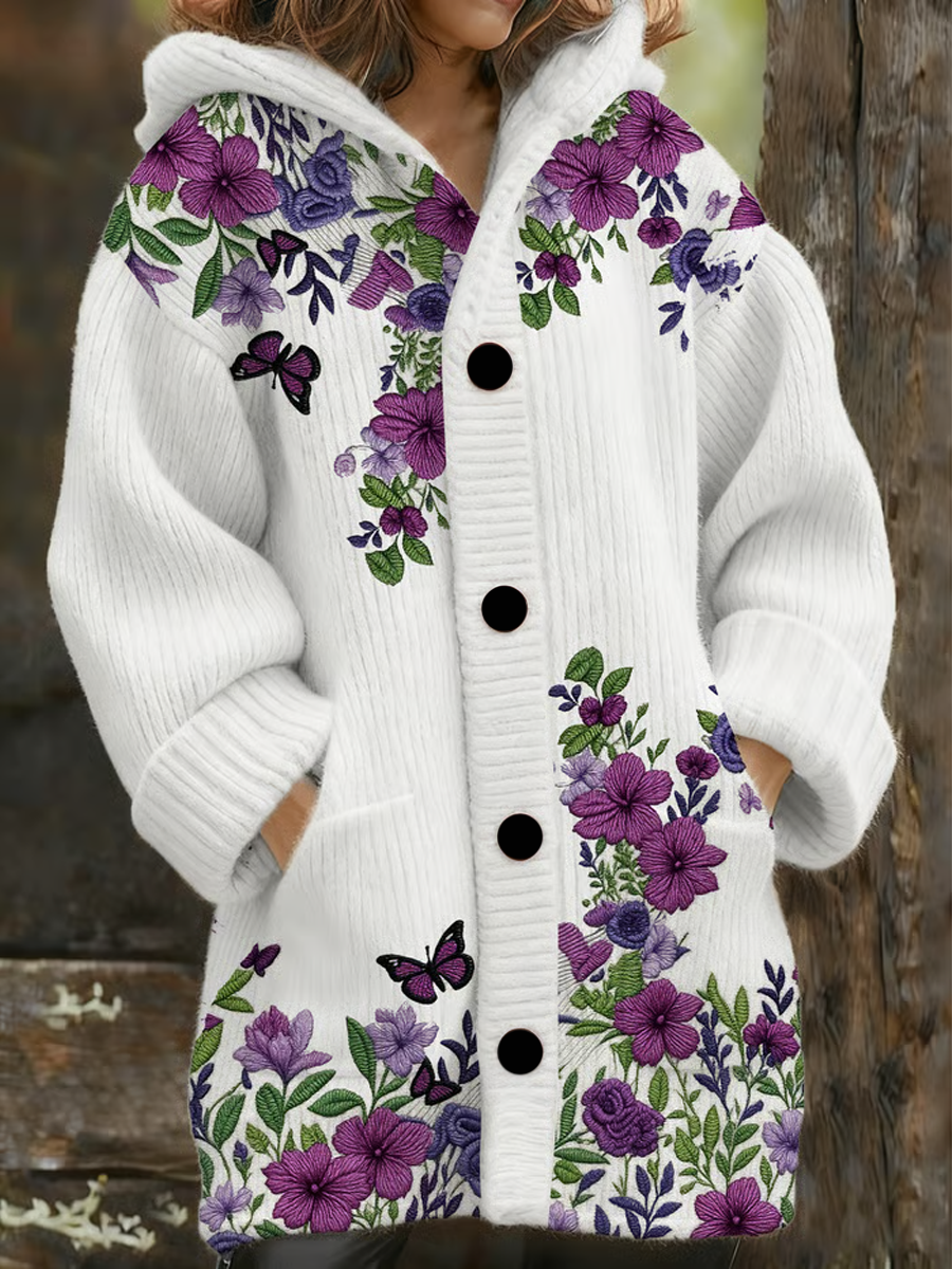 Manteau long en molleton composite floral violet pour femme