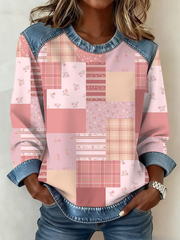 Sweatshirt Femme Patchwork Denim Imprimé Plaid Rose