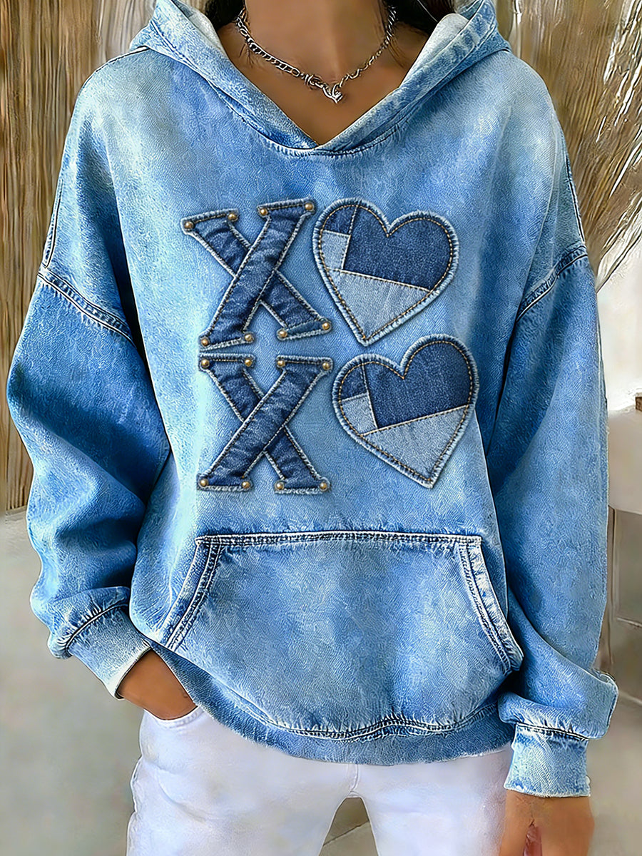 Sweat à capuche décontracté à imprimé coeur pour femmes